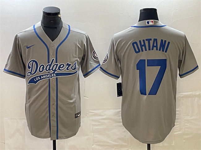 Men's Los Angeles Dodgers #17 Shohei Ohtani Gray Cool Base With Patch Stitched Baseball Jersey